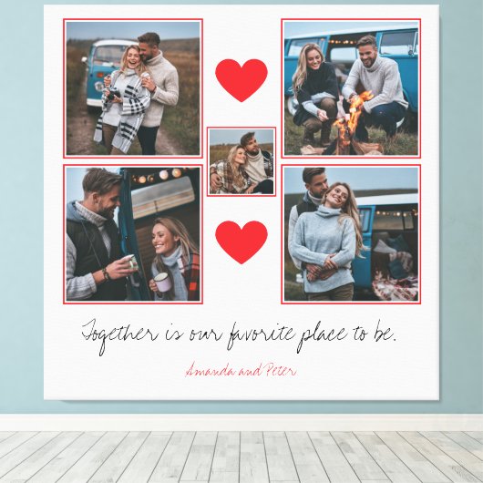 Romantische rode harten koppel fotocollage canvas afdruk (Insitu (Houten vloer))