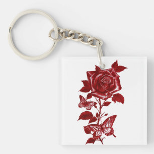 Romantische Rode Inkt Roos en Vlinders Graphickeyc Sleutelhanger
