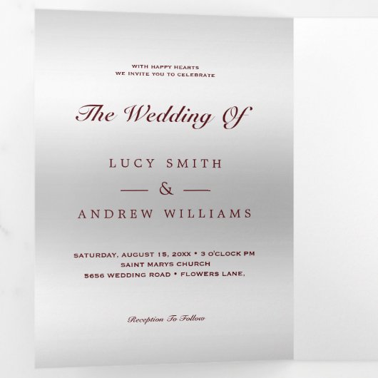 Romantische rode juweel Gem Bow QR Code Huwelijk Drieluik Uitnodiging (Binnenzijde eerst)