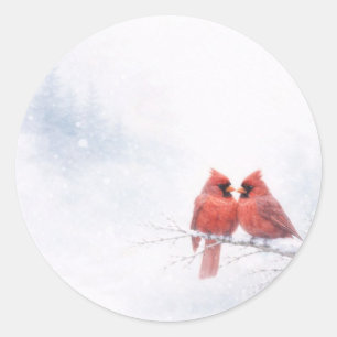 Romantische rode kardinalen Winter Watercolor Kuns Ronde Sticker