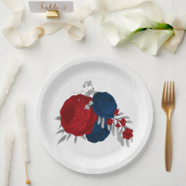 romantische rode & marinebloemen zilver botanisch papieren bordje