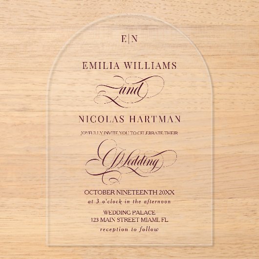 Romantische rode monogram bruiloft acryl uitnodigingen (Voorkant)