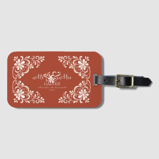 Romantische rode roest Mr. & Mrs. Floral bruiloft Bagagelabel (Voorkant (horizontaal))