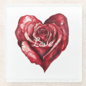 Romantische Rode Roos Bloemen Hart Huwelijk Glazen Onderzetter (Voorkant)