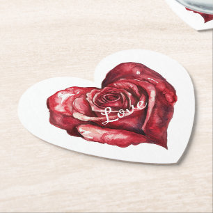 Romantische Rode Roos Bloemen Hart Huwelijk Kartonnen Onderzetters