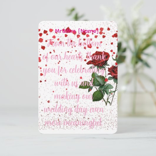 Romantische rode roos bruiloft bedankkaart | elega (Staand voorkant)