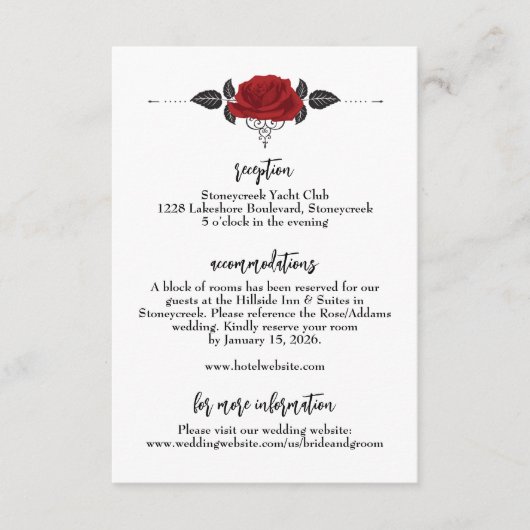 Romantische rode roos bruiloft informatie details informatiekaartje (Voorkant)