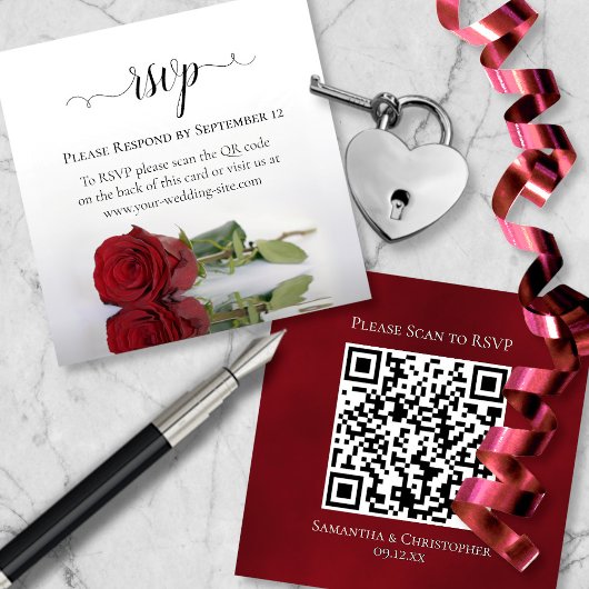 Romantische Rode Roos Bruiloft RSVP QR Code Informatiekaartje