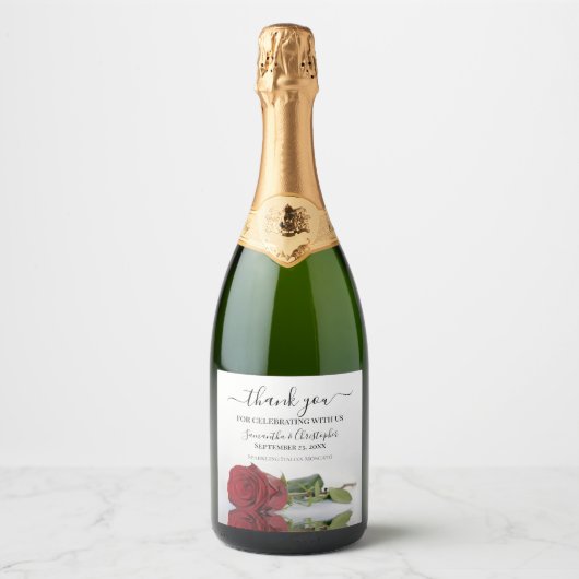 Romantische rode roos dank u bruiloft sparkling wijnetiket (Voorkant)