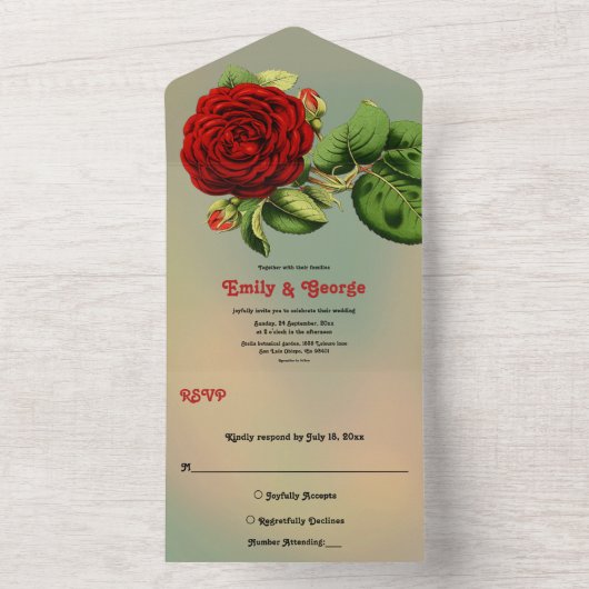 Romantische Rode Roos Delicate Zomer Bloemen Huwel All In One Uitnodiging (Binnen)