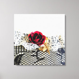 Romantische rode roos en witte kant canvas afdruk