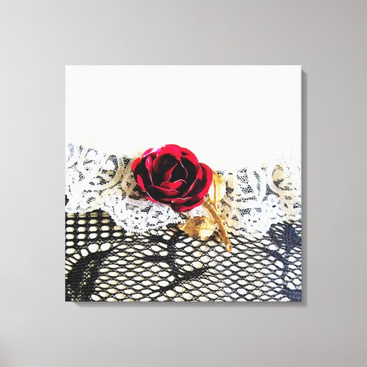 Romantische rode roos en witte kant canvas afdruk (Voorkant)