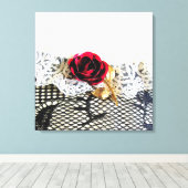 Romantische rode roos en witte kant canvas afdruk (Insitu (Houten vloer))