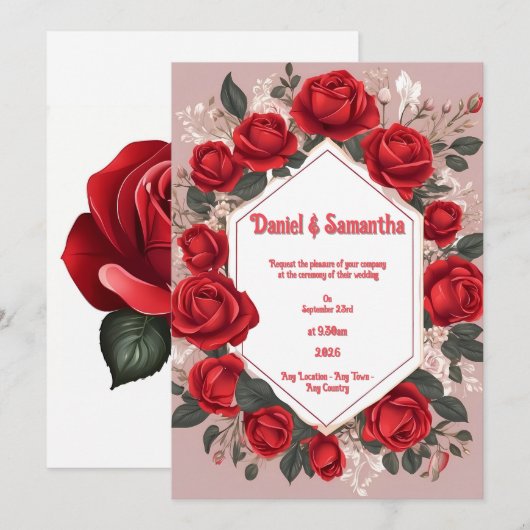 Romantische rode roos huwelijksuitnodigingen kaart (Voorkant / Achterkant)