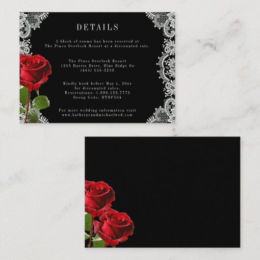 Romantische rode roos mooie witte kant bruiloft informatiekaartje (Voorkant / Achterkant)