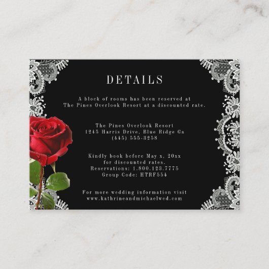 Romantische rode roos mooie witte kant bruiloft informatiekaartje (Voorkant)