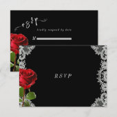 Romantische rode roos mooie witte kant bruiloft RSVP kaartje (Voorkant / Achterkant)