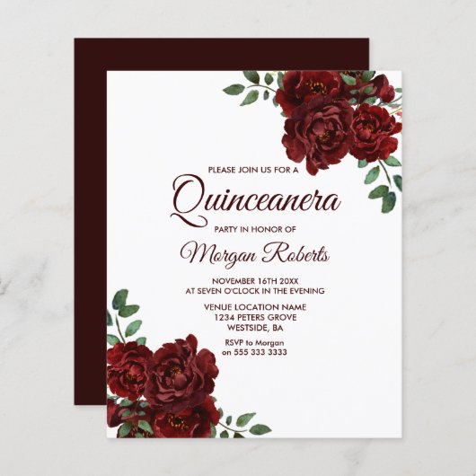 Romantische Rode Roos Quinceanera Budget Uitnodigi (Voorkant / Achterkant)