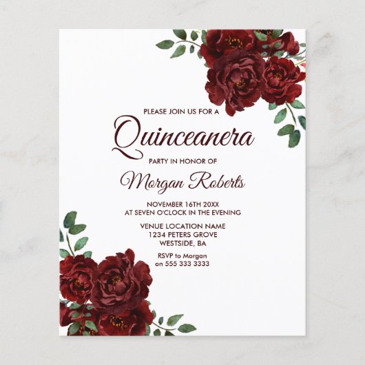 Romantische Rode Roos Quinceanera Budget Uitnodigi (Voorkant)