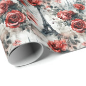 Romantische Rode Rose Chic Eiffeltoren Parijs Fran Cadeaupapier (Rol Hoek)