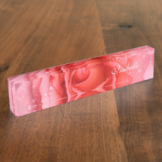 Romantische Rode Roze Waterdruppels Naambordje (Zijkant)