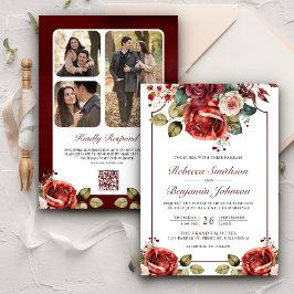 Romantische Rode Rozen Bloemen Foto QR Code Trouwd Kaart