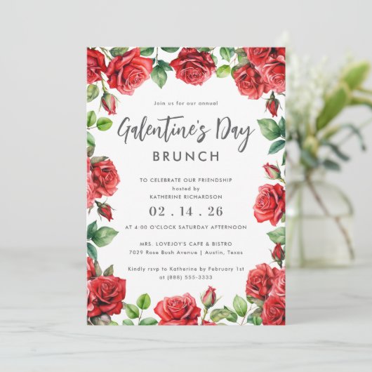 Romantische Rode Rozen Bloemen Galentijn's Day Bru Kaart (Staand voorkant)