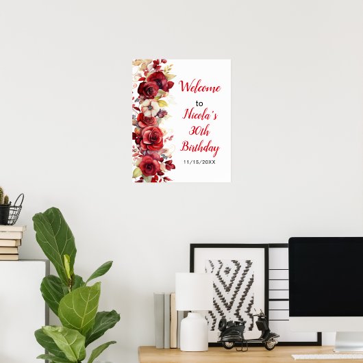 Romantische Rode Rozen Bloemen Verjaardagsfeest Poster (Thuiskantoor)