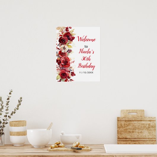 Romantische Rode Rozen Bloemen Verjaardagsfeest Poster (Keuken)