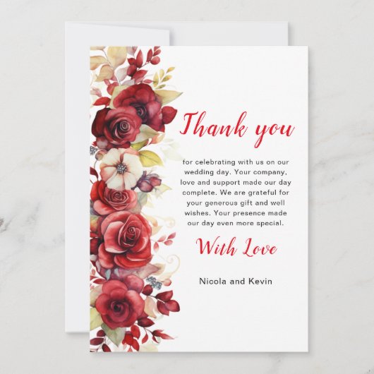Romantische rode rozen bloemenbruiloft bedankkaart (Voorkant)