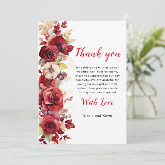 Romantische rode rozen bloemenbruiloft bedankkaart (Staand voorkant)