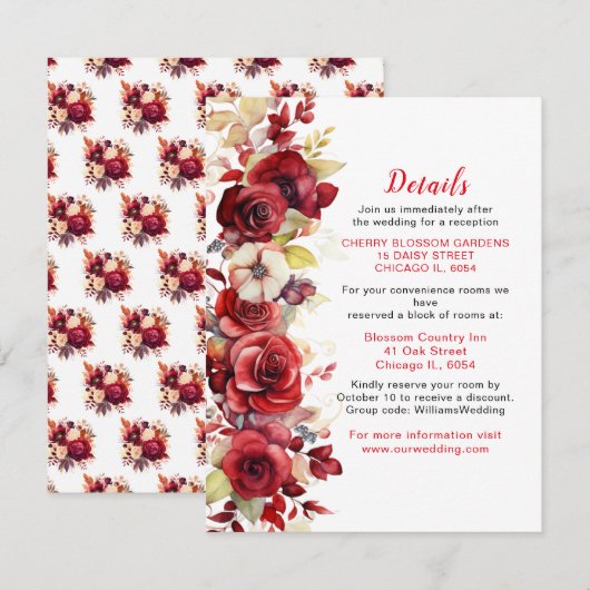 Romantische rode rozen bloemenbruiloft details informatiekaartje (Voorkant / Achterkant)