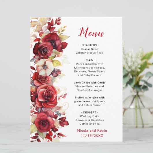 Romantische rode rozen bloemenbruiloft menu (Staand voorkant)