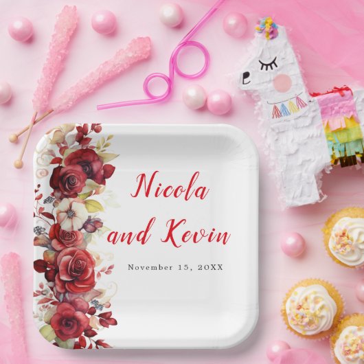 Romantische rode rozen bloemenbruiloft papieren bordje (Feest)