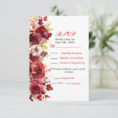 Romantische rode rozen bloemenbruiloft RSVP (Staand voorkant)