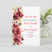 Romantische rode rozen bloemenbruiloft save the date (Staand voorkant)