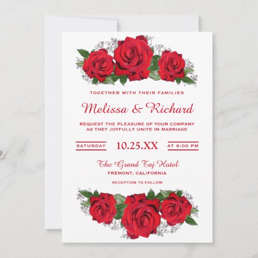 Romantische rode rozen bloemenbruiloft uitnodiging (Voorkant)