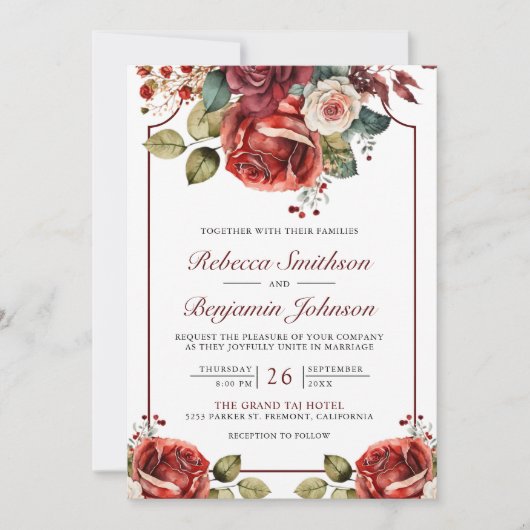 Romantische rode rozen bloemenfoto QR code bruilof Kaart (Voorkant)