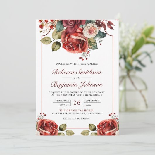 Romantische rode rozen bloemenfoto QR code bruilof Kaart (Staand voorkant)