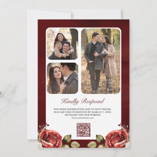 Romantische rode rozen bloemenfoto QR code bruilof Kaart (Achterkant)