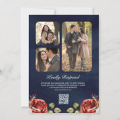 Romantische rode rozen bloemenmarine QR code bruil Kaart (Achterkant)