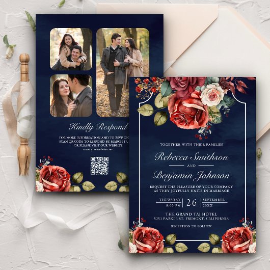 Romantische Rode Rozen Bloemige Marine QR Code Tro Kaart