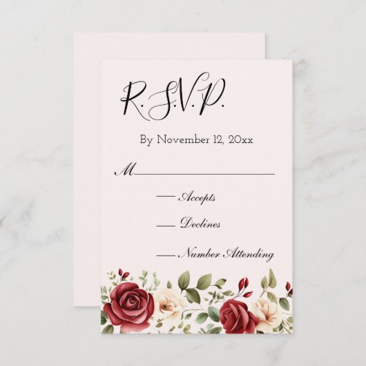 Romantische Rode Rozen Blush Roze Huwelijk RSVP Informatiekaartje (Voorkant / Achterkant)