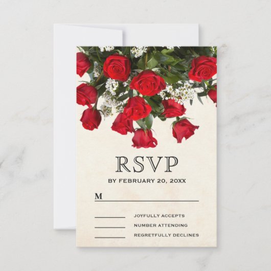 Romantische rode rozen boeket bruiloft RSVP kaartje (Voorkant)