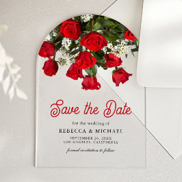 Romantische rode rozen boeket bruiloft save the da acryl uitnodigingen