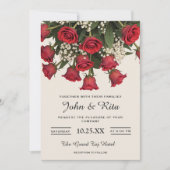 Romantische rode rozen boeket details bruiloft kaart (Voorkant)