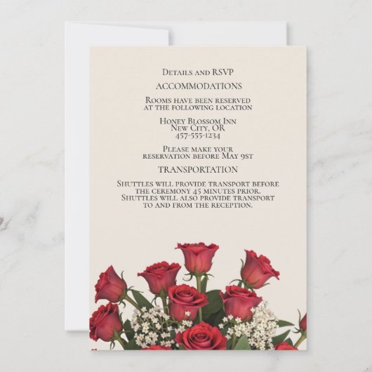 Romantische rode rozen boeket details bruiloft kaart (Achterkant)