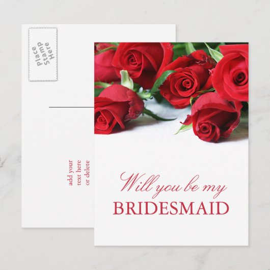 Romantische Rode Rozen Bruidsmeisje Ansichtkaart Uitnodiging Briefkaart (Voorkant / Achterkant)