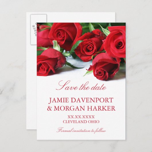 Romantische Rode Rozen Bruiloft Save the Date Aankondigingskaart (Voorkant / Achterkant)