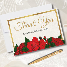 Romantische rode rozen | Elegant script bruiloft Bedankkaart